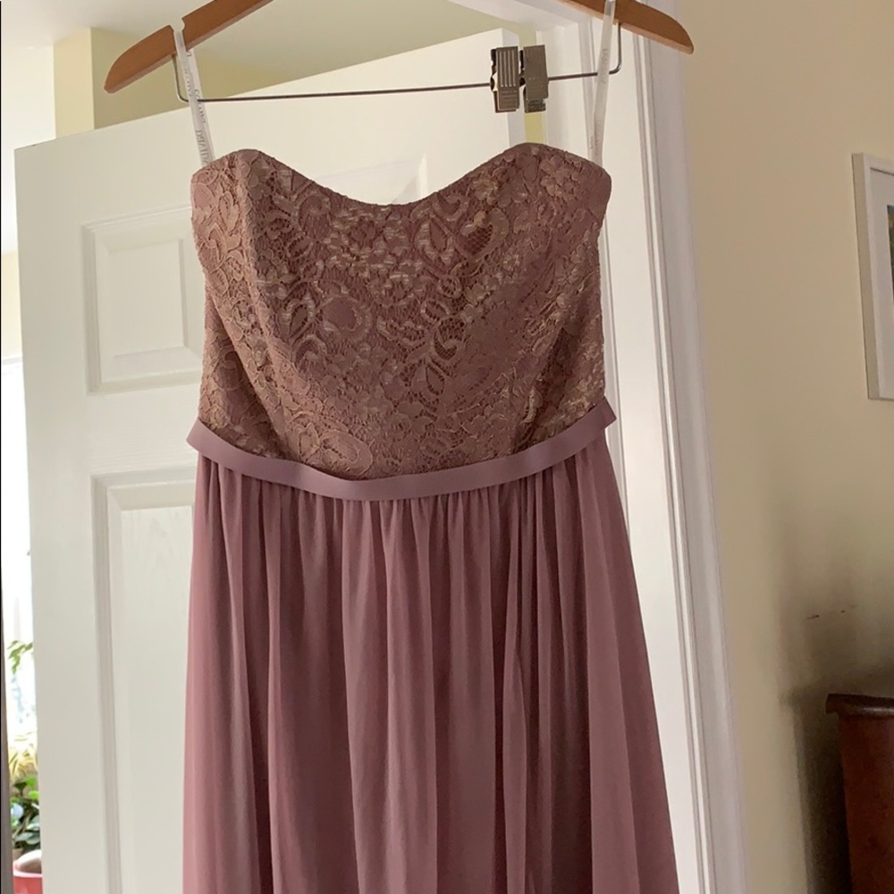 DAVIDS BRIDAL ROSEGOLD STRAPLESS BRIDESMAID DRESS